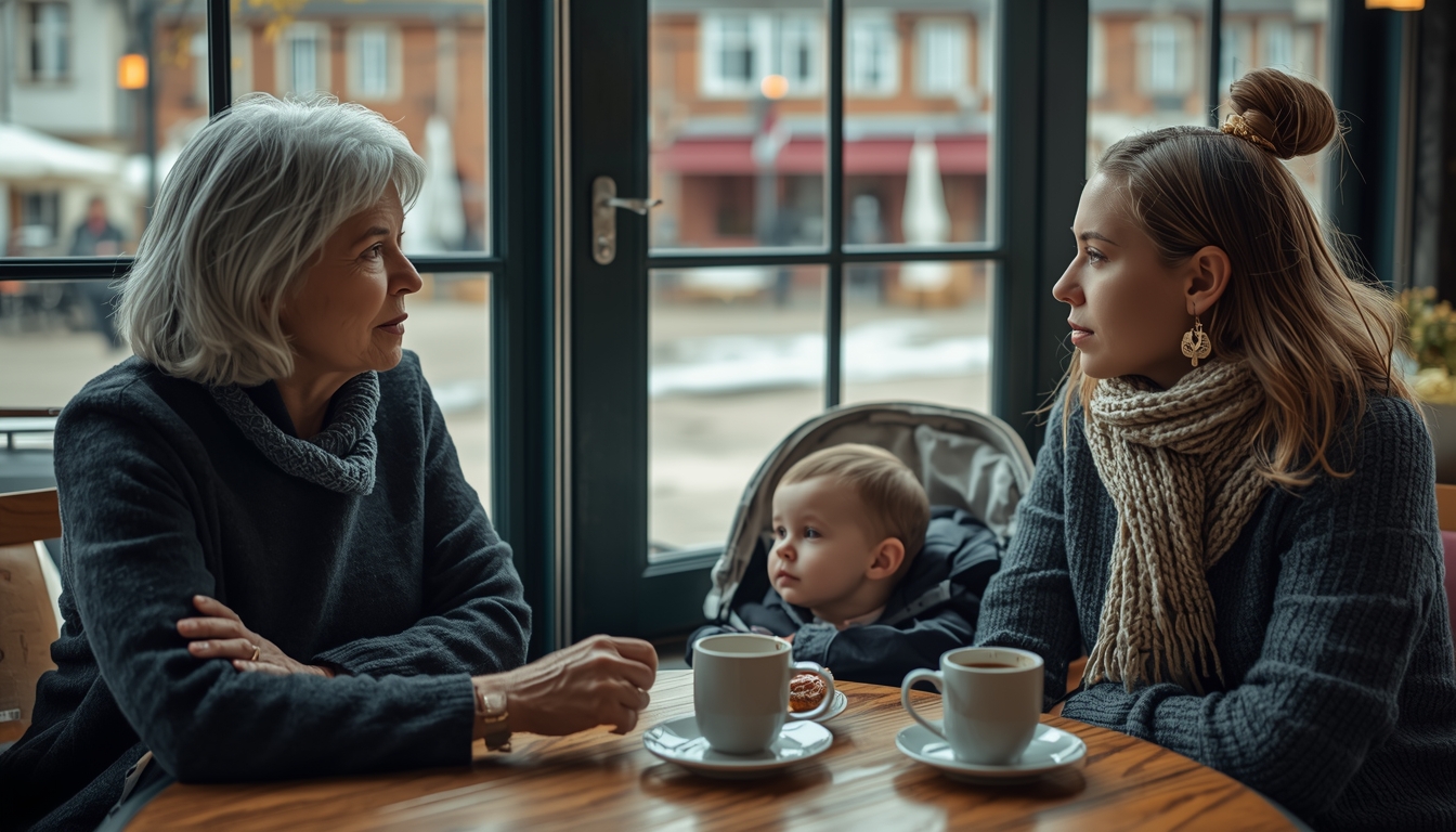 Ung mamma samtalar med kvinnlig familjementor på lokalt kafé